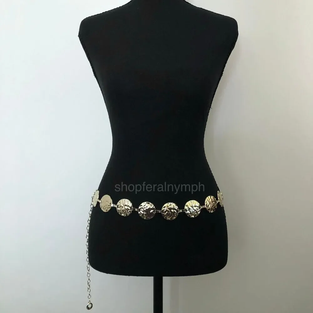 Y2K Boho Gold Hammered Disc Coin Chain Belt, Fits 24.5–42 Inches, X7GA1153